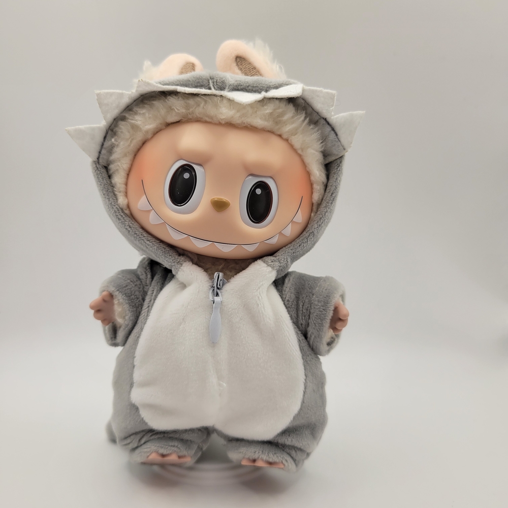 Adorable Gray and White Shark Zip Up Outfit For 17cm Doll. No Doll Included.